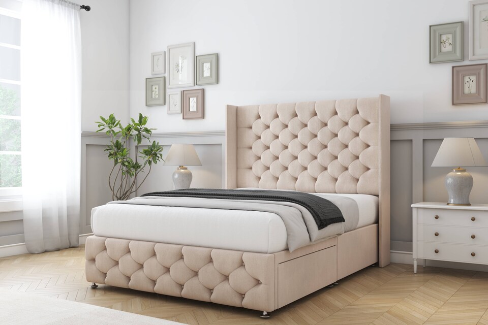 image 1 of Sloomy Luthor Sand Naples Divan Bed With Mattress No Drawers With 54" Wingback Headboard & 12" Matching Footboard 6' Super King | Cream | Sand | Super King | 1