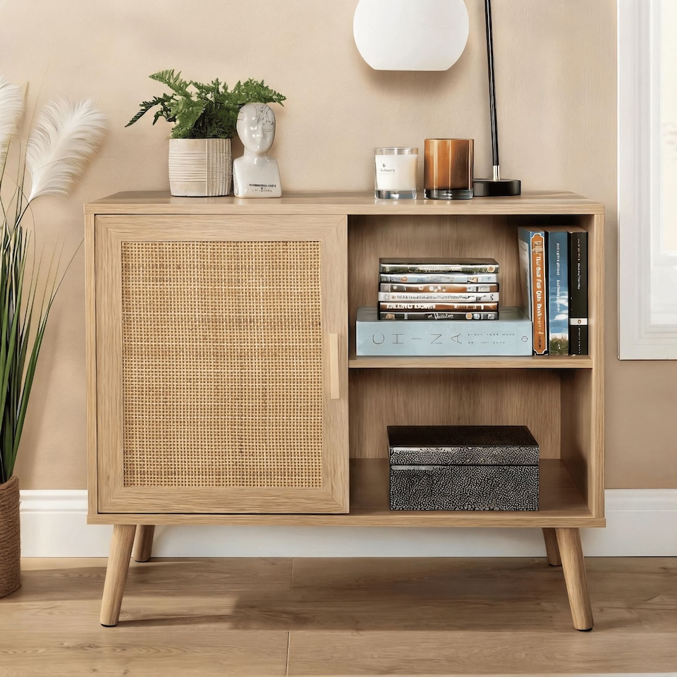 image 1 of Sideboard 1 Rattan Door Front Open Shelving Cabinet Living Home Furniture Unit