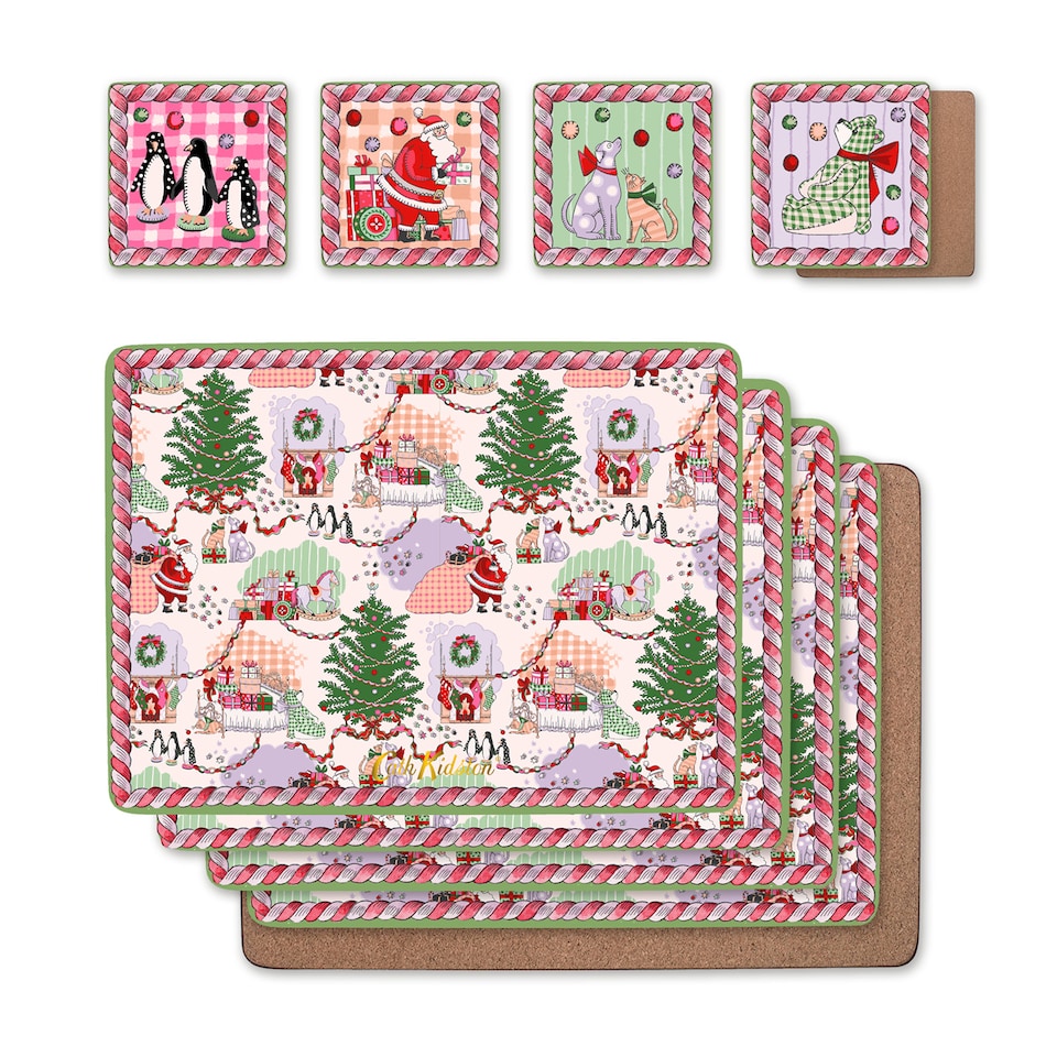 Placemats: 4 x Cath Kidston Christmas Ditsy Table Mats & Coasters, Cork Backed