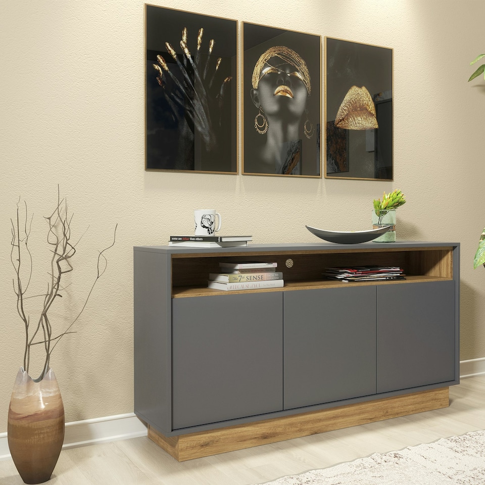 image 1 of Modern Grey and Oak Sideboard 140 cm – 3 Door Cabinet with Open Shelf Grey
