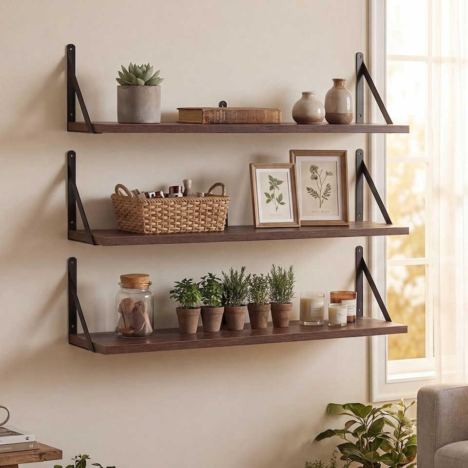 image 1 of Levede Floating Shelves Wall Wood Rustic with Brackets Vintage Brown Set of 3