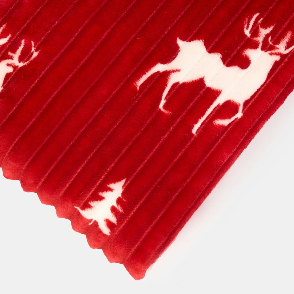 image 1 of OHS Christmas Stag Ribbed Sherpa Fleece Reverse Soft Warm Blanket Throw, Red - 125x160cm