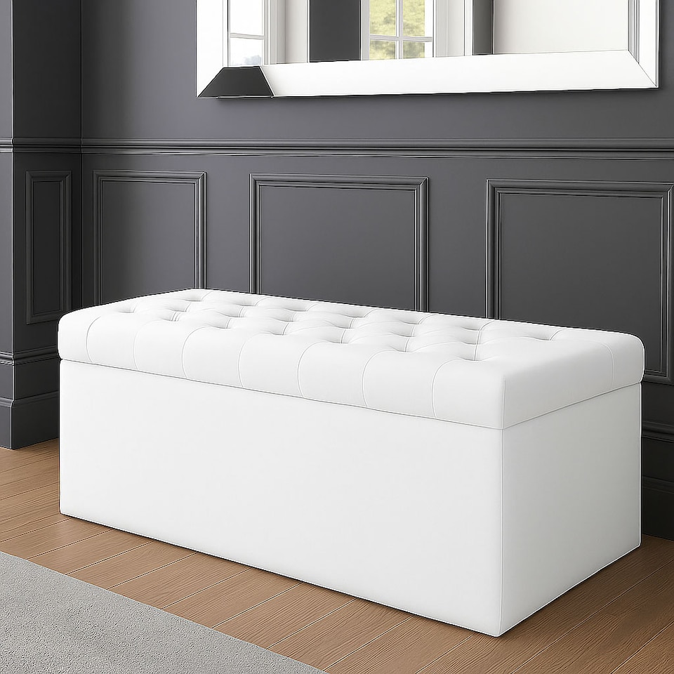 image 1 of 150cm SD Ottoman Storage Box, White Velvet Upholstered Chesterfield Storage Ottoman Box