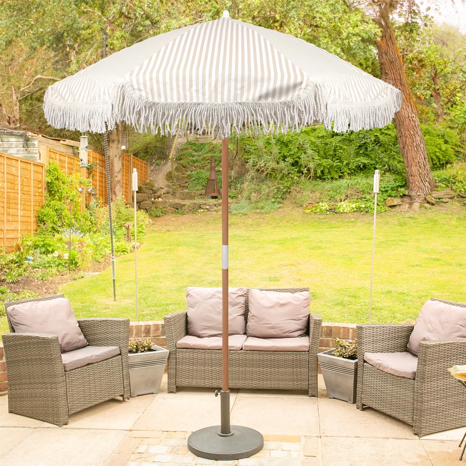 image 1 of Harbour Housewares Wooden Garden Parasol with Tassel Fringe - 1.4M - Beige Stripe | Cream | Beige Stripe
