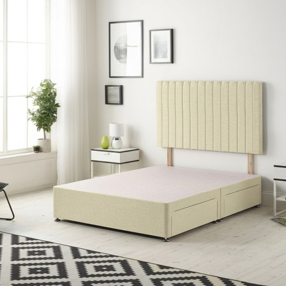 image 1 of Texas Divan Bed Base with 2 Drawers & 30 Inch Headboard Linen Fabric | Yellow | Beige