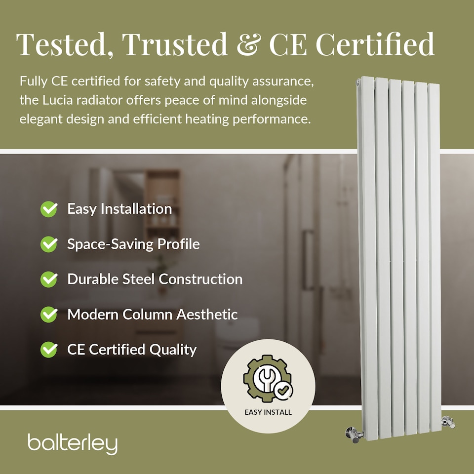 image 1 of Lucia Square Vertical Double Panel Radiator, 1500 x 354mm, Satin White | White | Satin White | 1