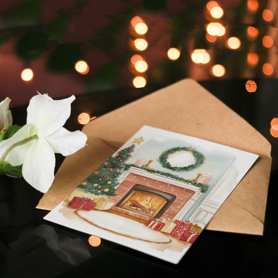 image 1 of Brick Fireplace Presents Tree Wreath Blank For Him Or Her Art Xmas Festive Christmas Card