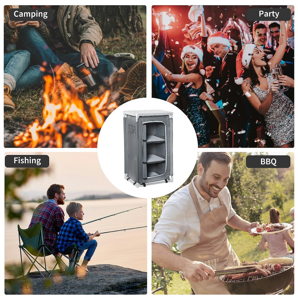 image 1 of Outsunny Outdoor 3-shelf Camping Cupboard Kitchen Station Cook Table Grey