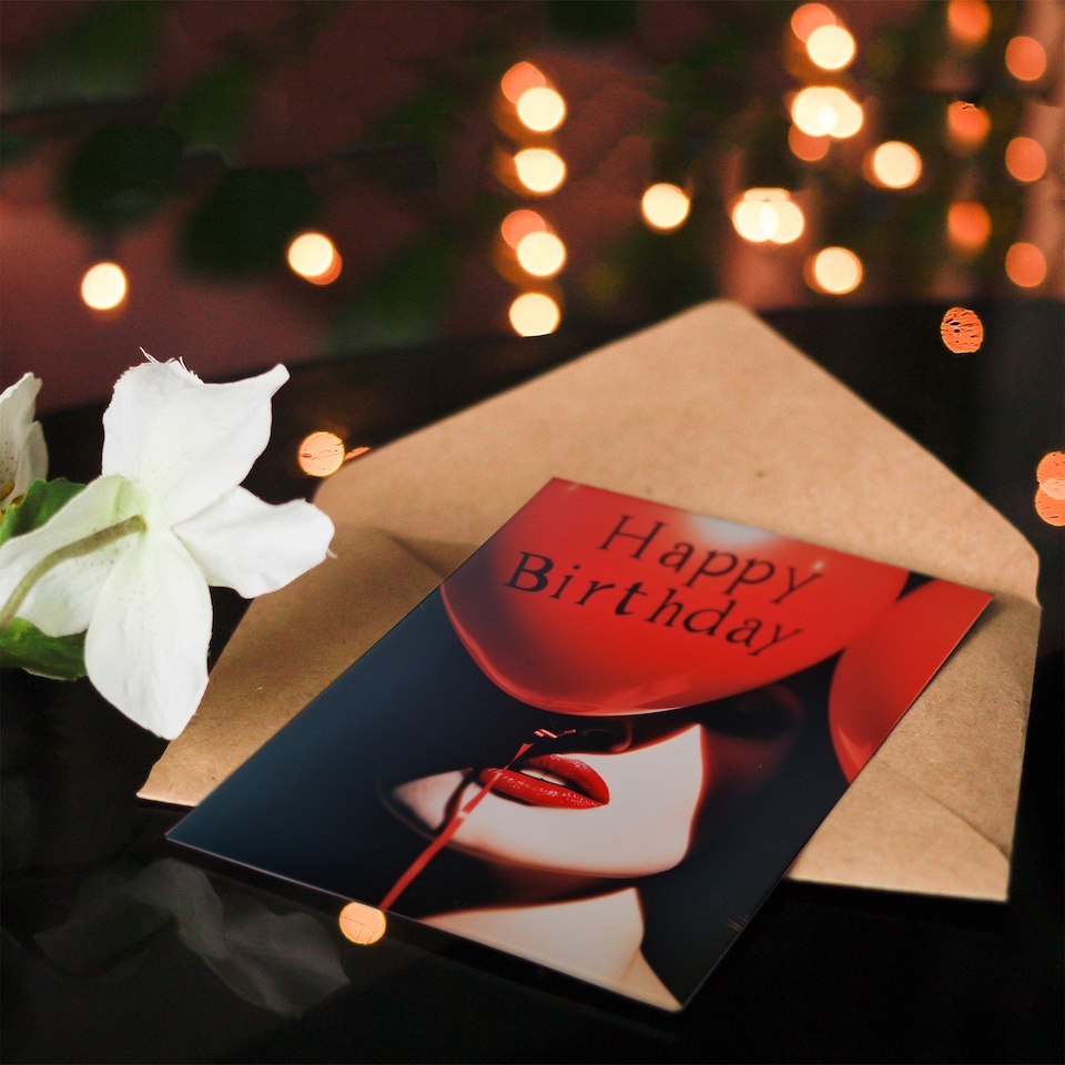 image 1 of Sexy Lips Birthday Card Red Balloon Boudoir for Husband or Partner
