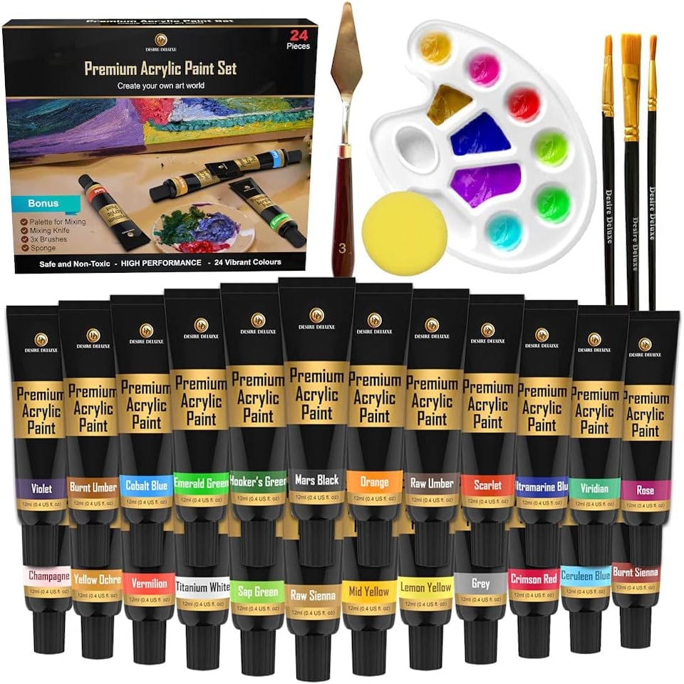 image 1 of Desire Deluxe Acrylic Paint Set School Art Supplies for Artist – 30pc Craft Kit for Rock, Wood, Ceramic, Canvas, Paper & Fabric – Include Mixing Knife, Sponge, Palette and 3 Sizes Premium Brushes