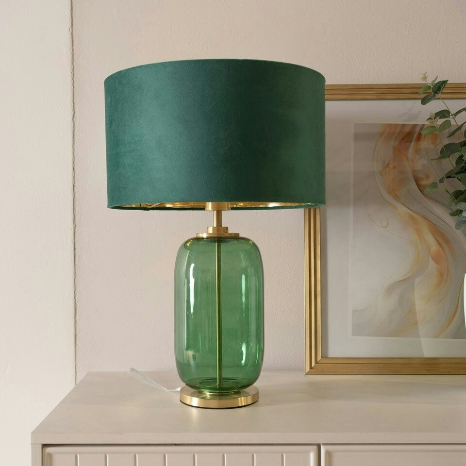 image 1 of ValueLights Leigh Forest Green and Gold Glass Table Lamp with Green Velvet and Gold Inner Shade with LED Bulb