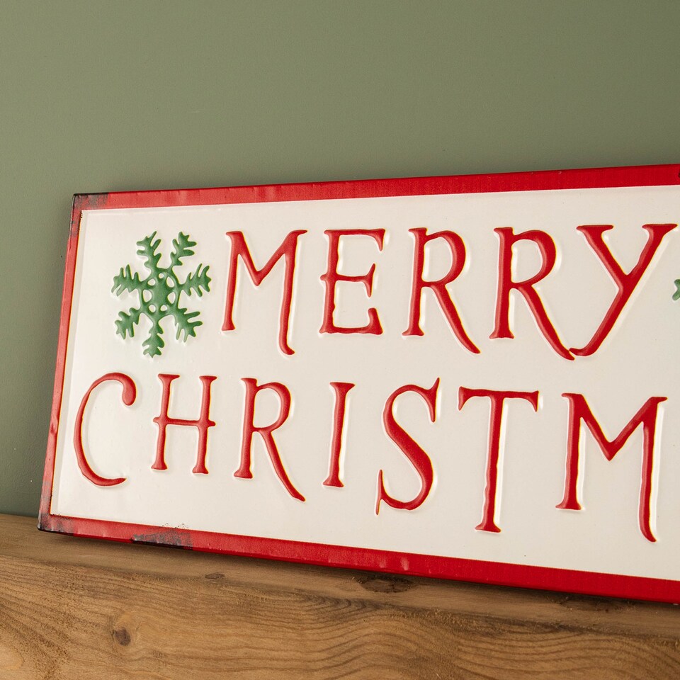 image 1 of 57cm Metal Merry Christmas Hanging Sign in Red & White with Green Snowflakes