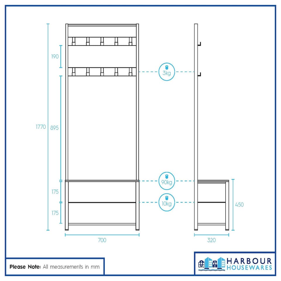 image 1 of Harbour Housewares Square Steel Coat Rack with Shoe Storage Bench - Black/Brown | Brown | Black/Brown | One Size