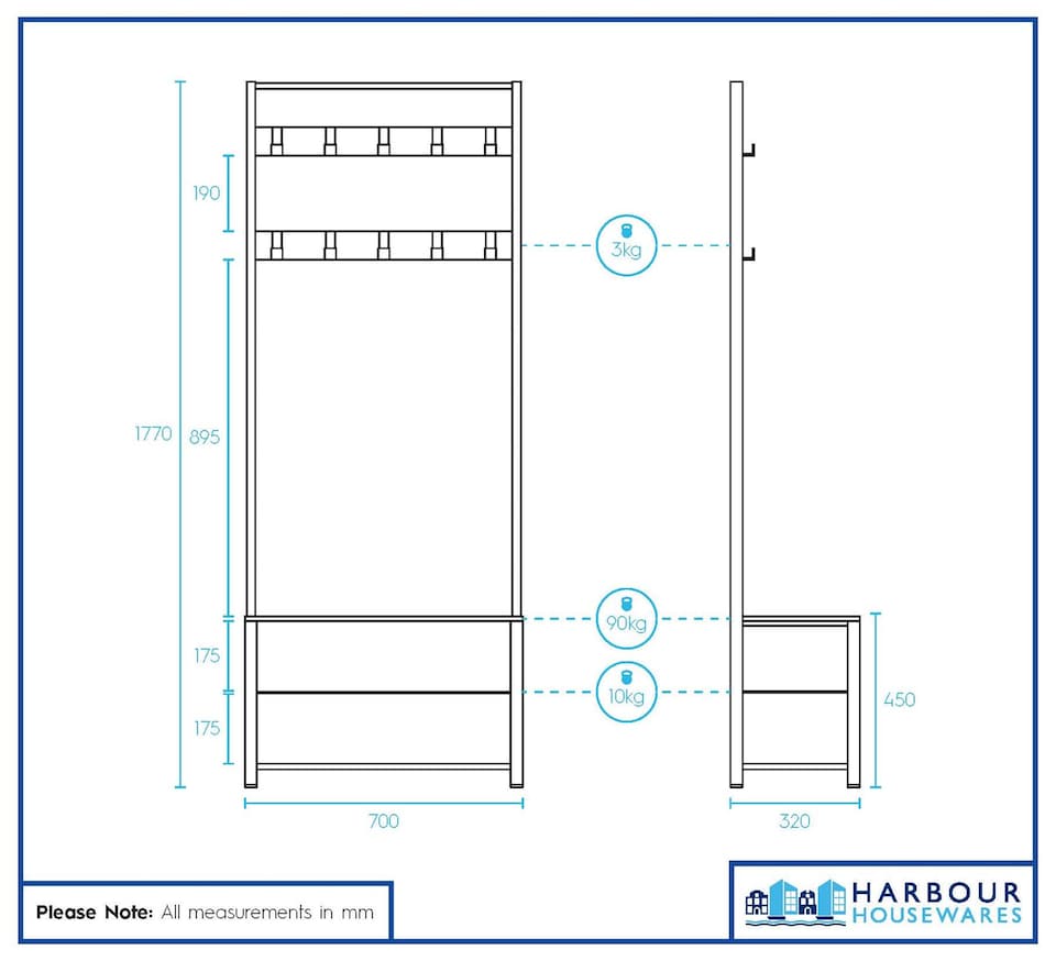image 1 of Harbour Housewares Square Steel Coat Rack with Shoe Storage Bench - Black/Brown | Brown | Black/Brown | One Size