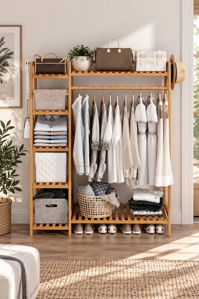 image 1 of Neo Bamboo Rack Clothes with Storage Shelf Hanging Rail and Side Hooks | Brown