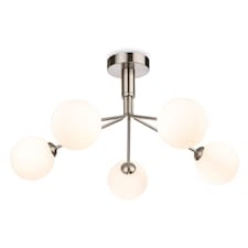 Lyric 5 Light Flush Ceiling Fitting Brushed Steel with Opal White Glass 5xG9