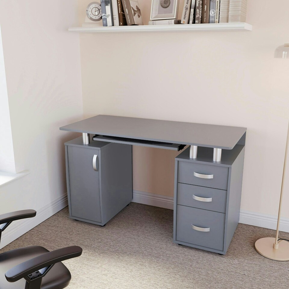 image 1 of Vida Designs Otley 3 Drawer Computer Desk Home Office Workstation, Grey