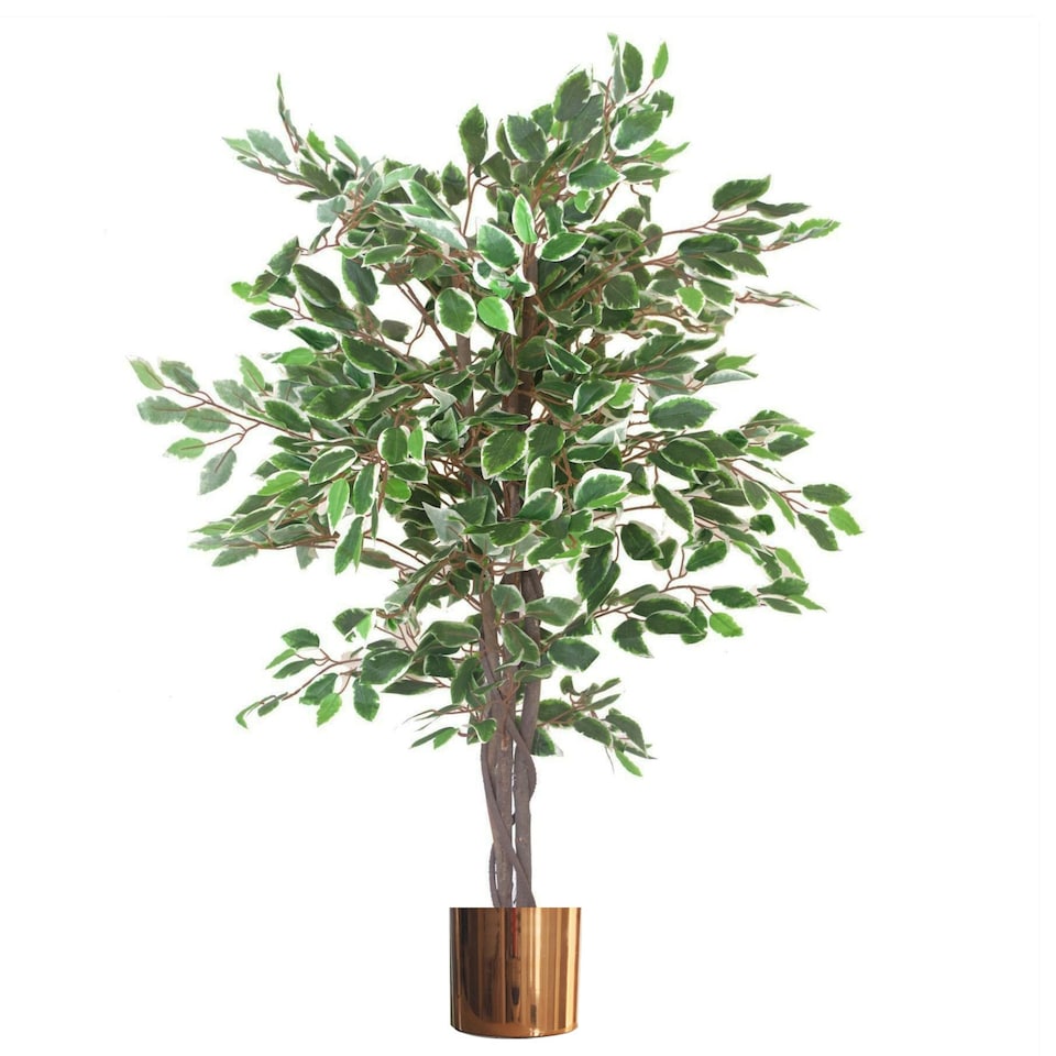 image 1 of 130cm LARGE Realistic White Edge Ficus Artificial Plant Tree Copper Metal Planter
