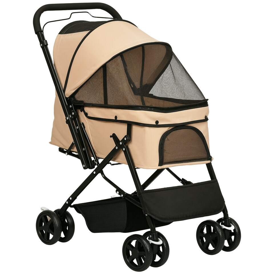 image 1 of PawHut Pet Stroller Dog Foldable Travel Carriage with Reversible Handle, Brown
