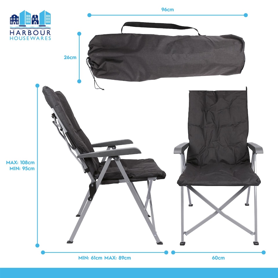 image 1 of Harbour Housewares High Back Padded Camping Chairs - Set of 4 Black Folding Reclining Garden Beach Fishing Picnic Seats Carry Bags