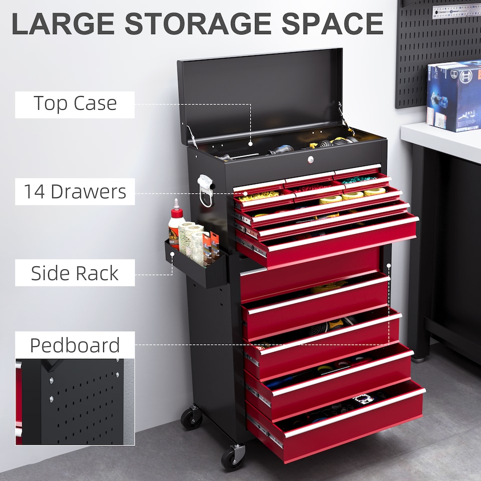 image 1 of HOMCOM Rolling Tool Chest Lockable Roller Cabinet with with 14 Drawers Red