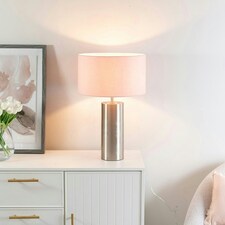 ValueLights Lexy Blush Pink Fabric Drum Shade with Brushed Chrome Dimmable Touch Table Lamp with LED Bulb
