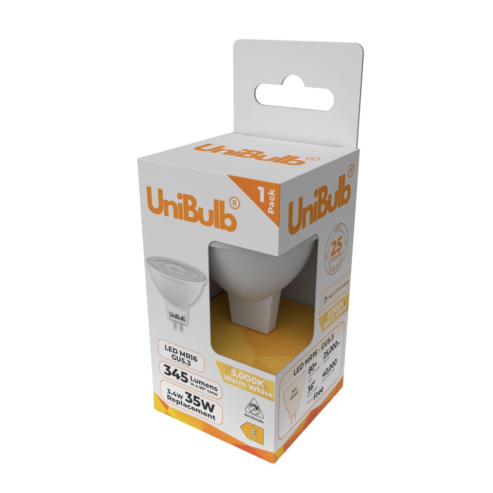 image 1 of UniBulb LED MR16 GU5.3 345lm 3.4W (Replaces 35W) 3000K (Warm White) Spot Downlight Ceiling Light Bulb - Pack of 3 | Clear | Warm White | MR16 | 3
