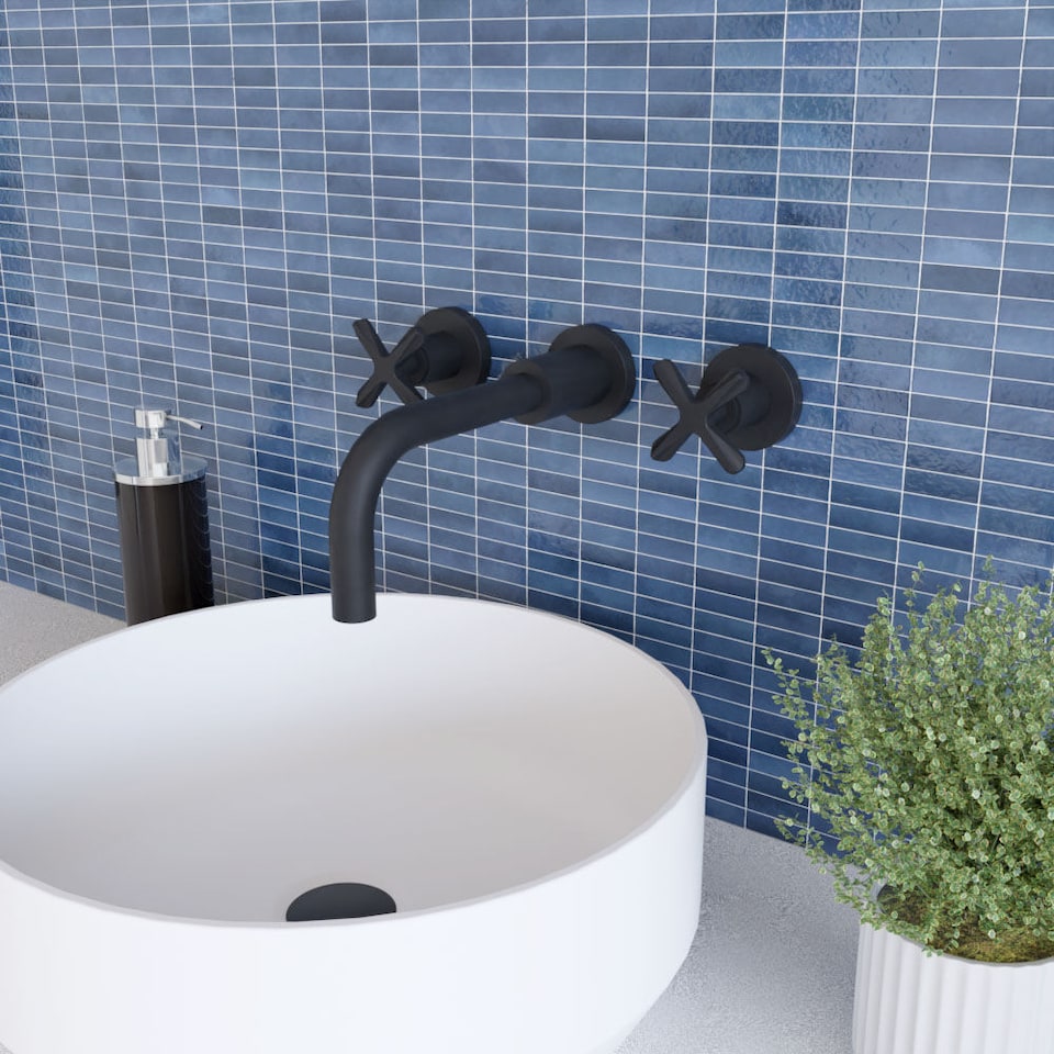 image 1 of Connect Wall Mounted 3 TH Basin Mixer Tap 2 Crosshead Handles Black | Black | Matt Black | 1