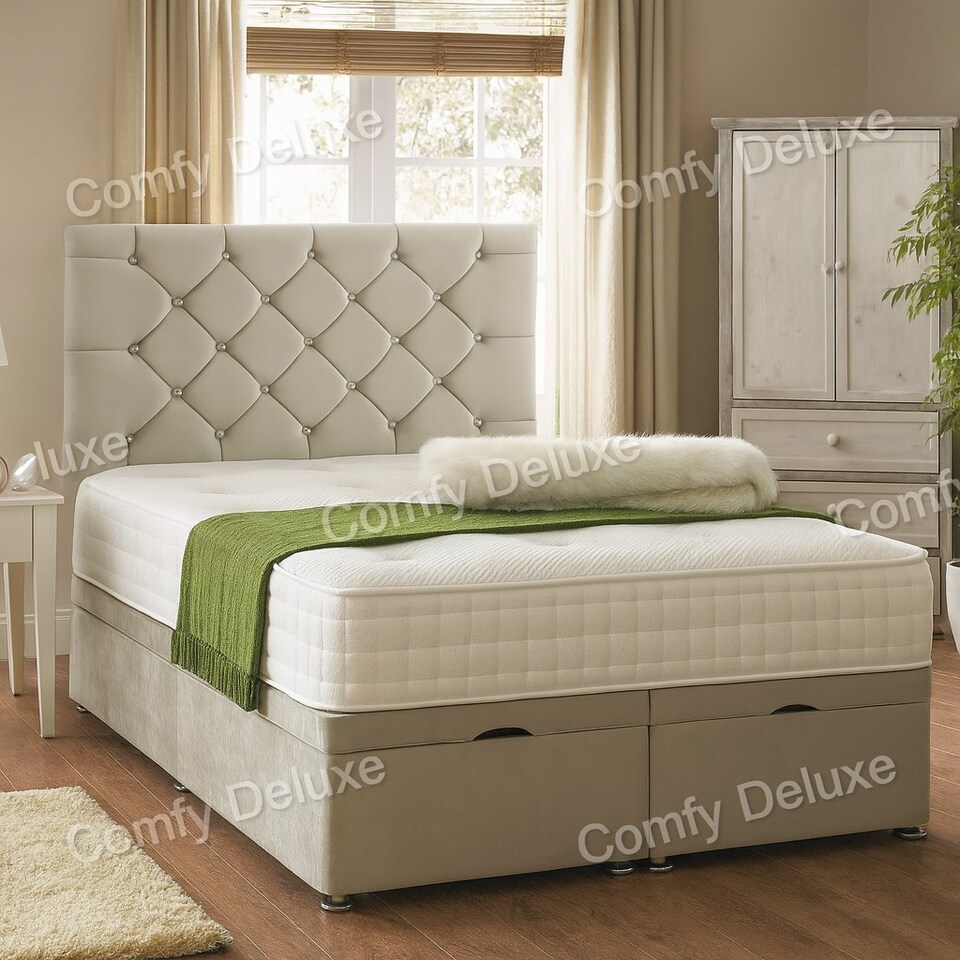 image 1 of Silver Plush Velvet Foot Lift Ottoman Divan Bed Set 4ft6 Double