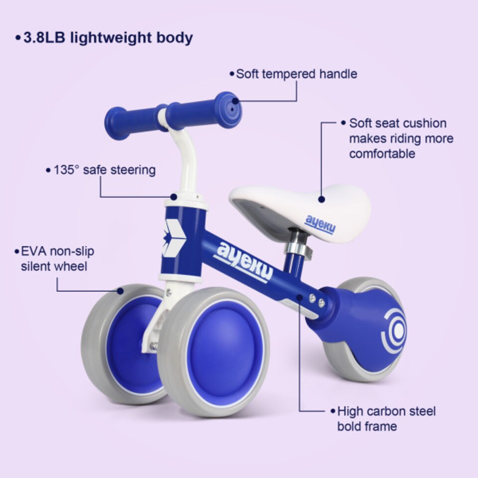 image 1 of AyeKu Baby Toddler Balance Bike Silent Wheels Adjustable Seat, 1-3 Years, Blue | Blue