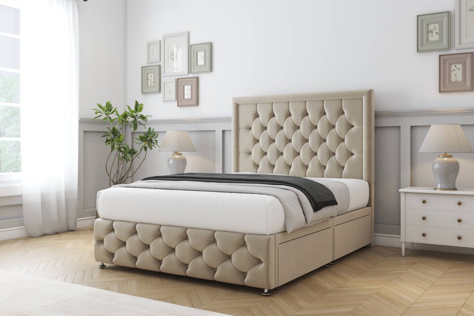 image 1 of Sloomy Vienna Almond Coniston Divan Bed Base No Drawers With 54 Inch Floor Standing Headboard & 12 Inch Matching Footboard | Cream | Almond | Super King | 1