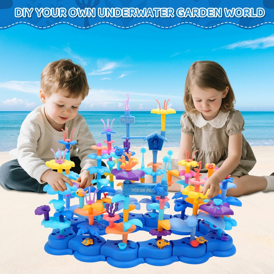 image 1 of 2 in 1 Ocean World and Flower Garden Building Toys 136 PCS STEM Construction Set for Kids