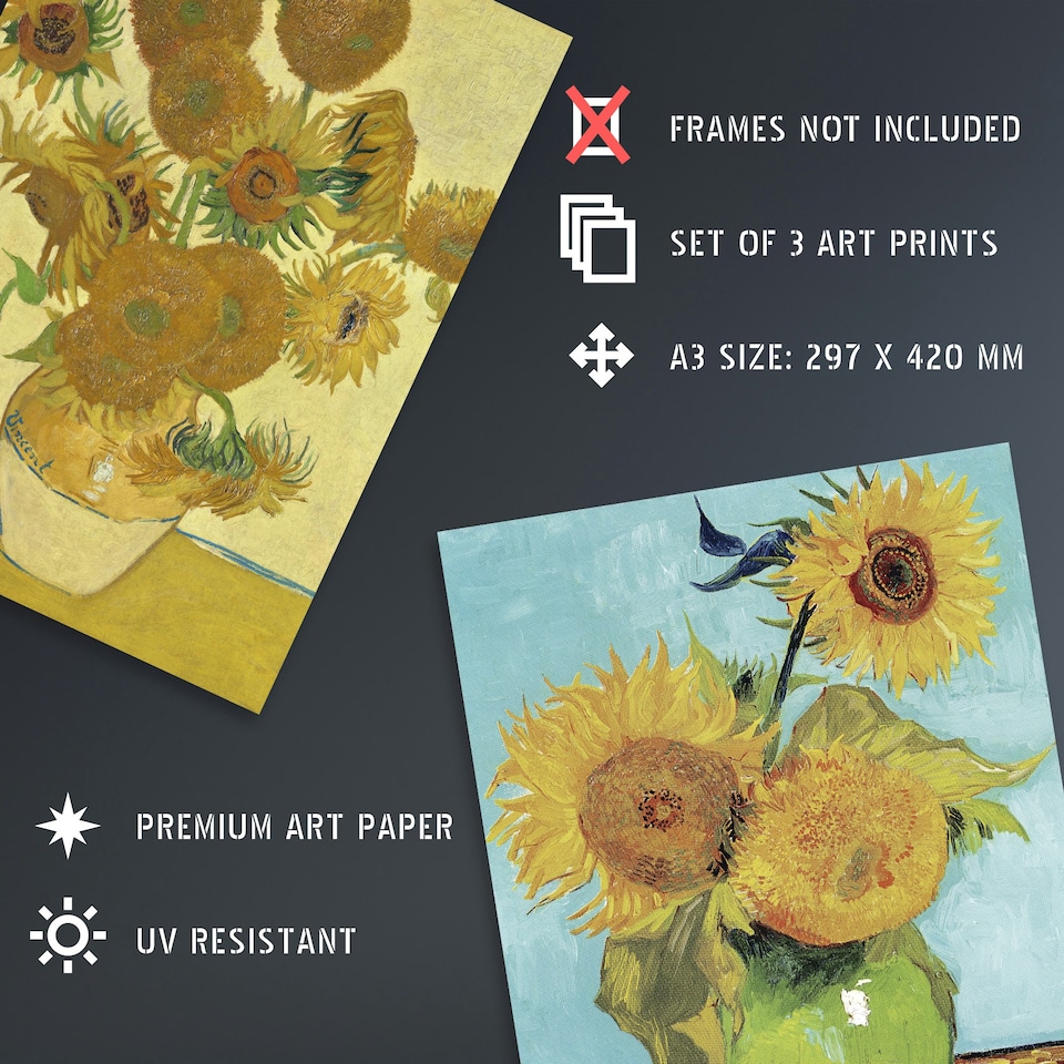 image 1 of Set of 3 Van Gogh Sunflowers Yellow Orange Classic A3 Wall Art Prints | Yellow