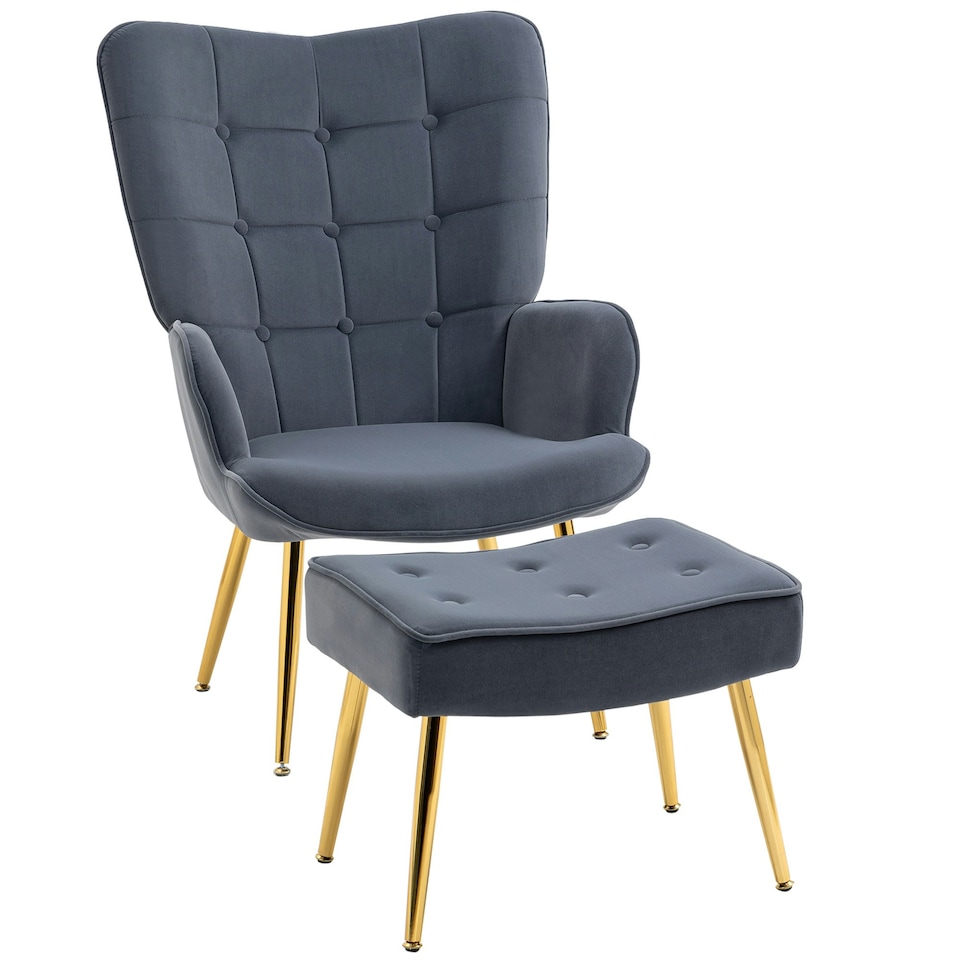 image 1 of HOMCOM Button Tufted Armchair with Footstool and Gold Tone Steel Legs Dark Grey