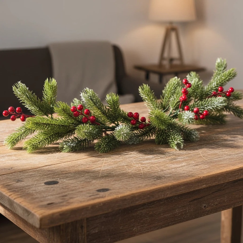 image 1 of 76cm Snowy Christmas Branch Flocked Pine Cone Red Holly Berries Pick Xmas Decor | Multi | 1