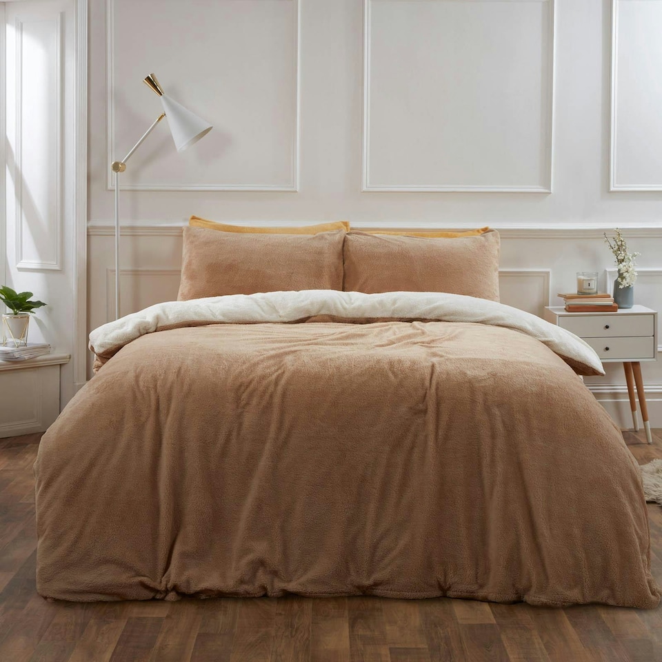 image 1 of OHS Reversible Soft Teddy Fleece Duvet Cover and Pillowcase Bedding Set, Double - Cream/Latte