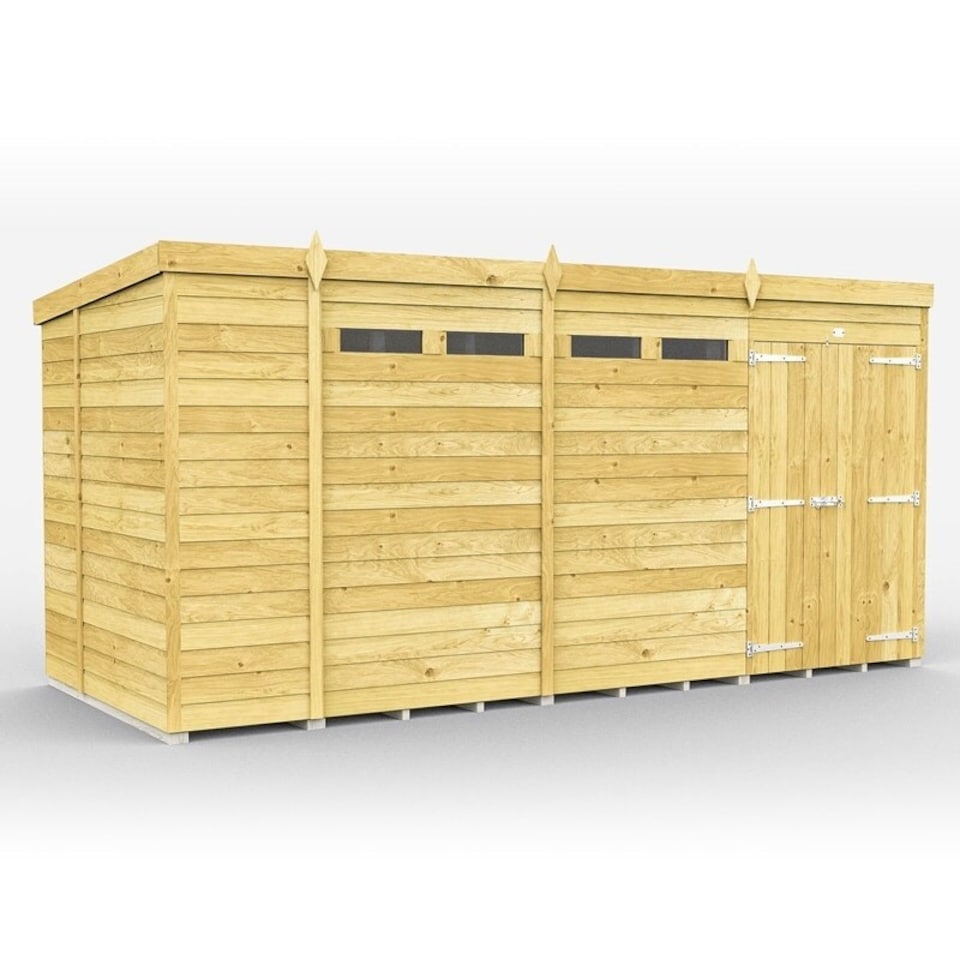 image 1 of 15 x 6 Feet Pent Security Shed - Double Door - Wood - L178 x W454 x H201 cm | Brown