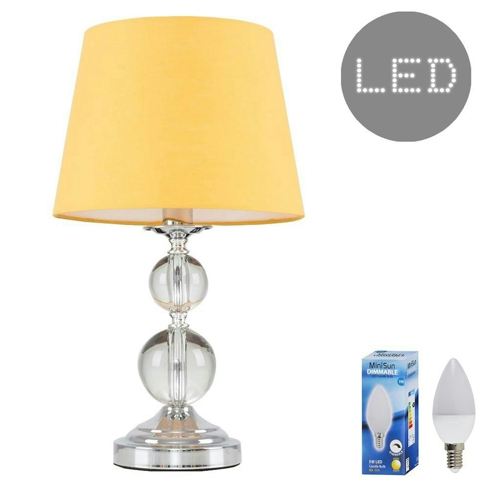 image 1 of ValueLights Gatto Dimmable Polished Silver Table Lamp with Small Yellow Tapered Shade and E14 Candle LED 5W Warm White 3000K Bulb