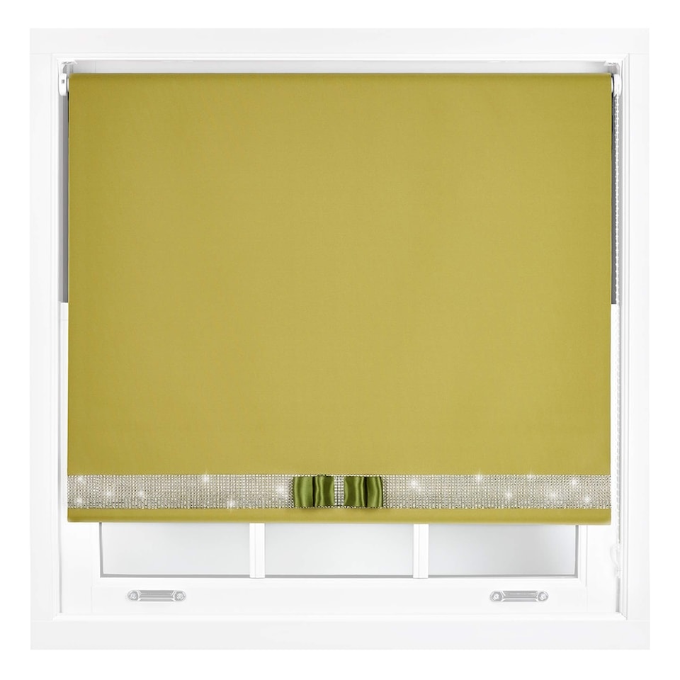 image 1 of FURNISHED Blackout Roller Blinds with Diamante Trim and Bow Cut to Size | Green | Green | (W) 120cm x (L) 165cm