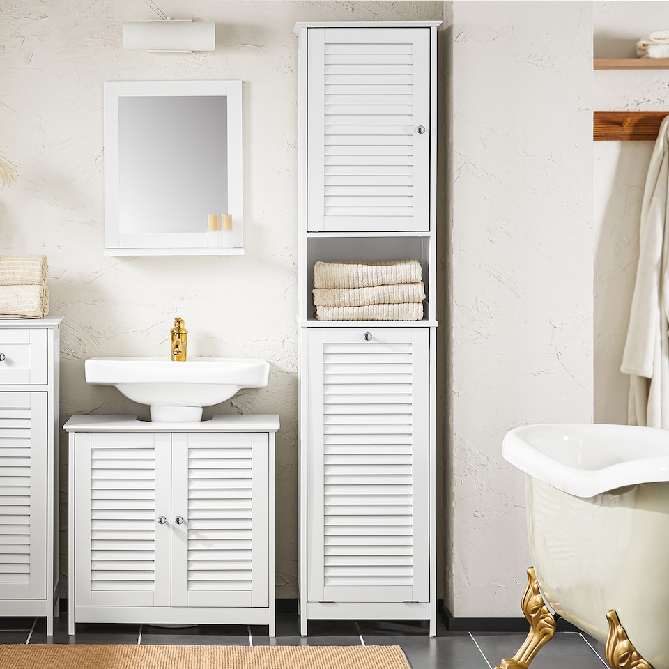 image 1 of SoBuy BZR124-W,Tall Bathroom Storage Cabinet with Laundry Basket | White | White | 1