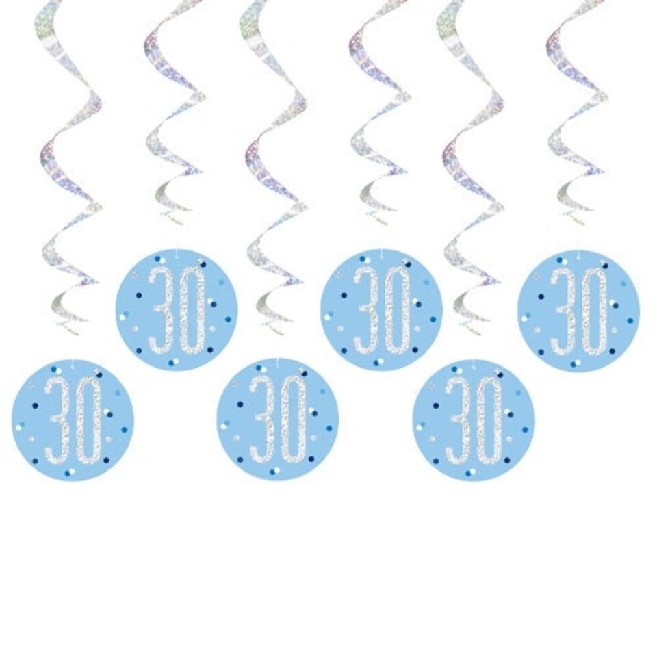 Blue Glitz Age 30 Holographic Hanging Swirl Decorations - Pack of 6