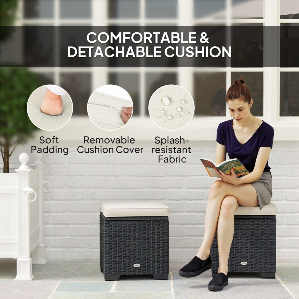 image 1 of Outsunny Set of 2 Rattan Storage Ottoman, Outdoor Footstool with Removable Cushions, Garden Storage Seat for Balcony, Porch, Living Room, Cream White | Cream | 40W x 40D x 40H cm | 1
