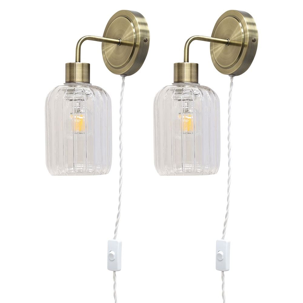 First Choice Lighting Set of 2 Toby - Antique Brass Plug in Wall Lights Ribbed Glass Shades in Gold