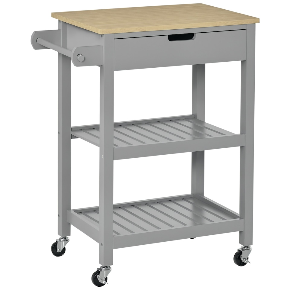 image 1 of HOMCOM Kitchen Trolley Utility Cart on Wheels with Rubberwood Worktop Towel Rack