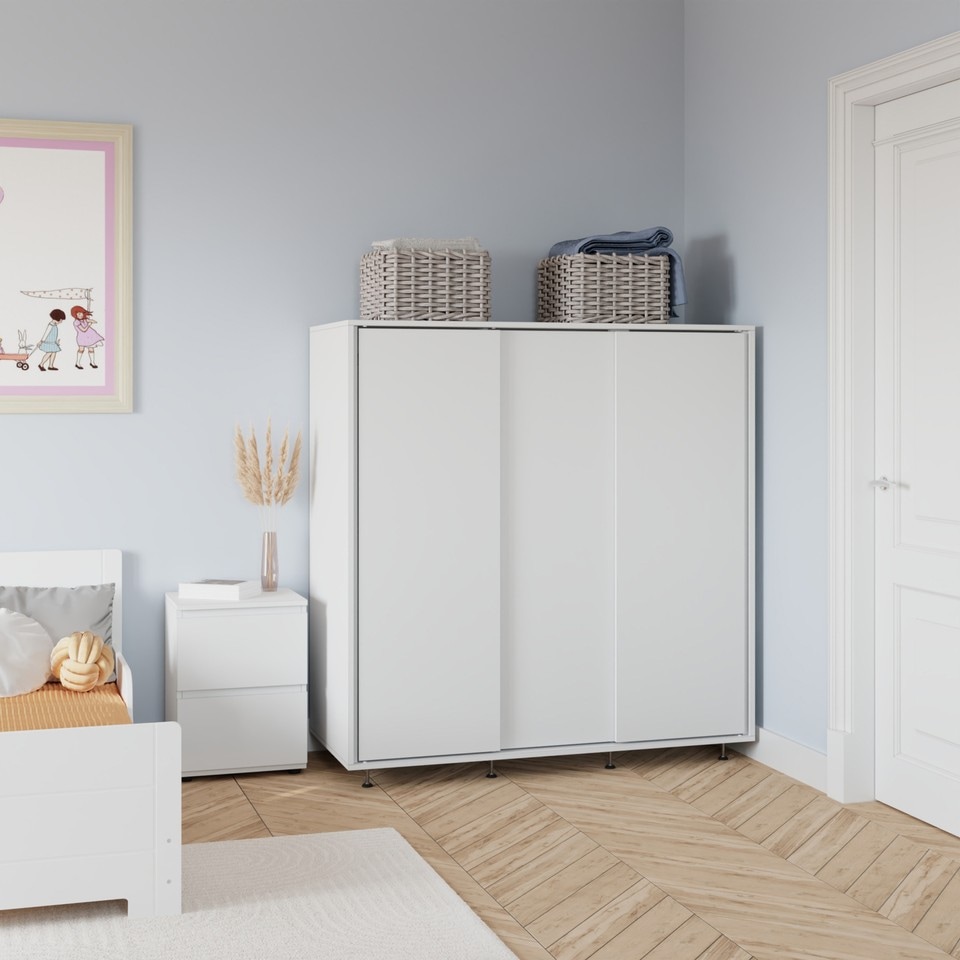 image 1 of 120cm 3 Sliding Doors Children Kids Wardrobe Bedroom Storage Closet Hanging Rail | White | White | 1