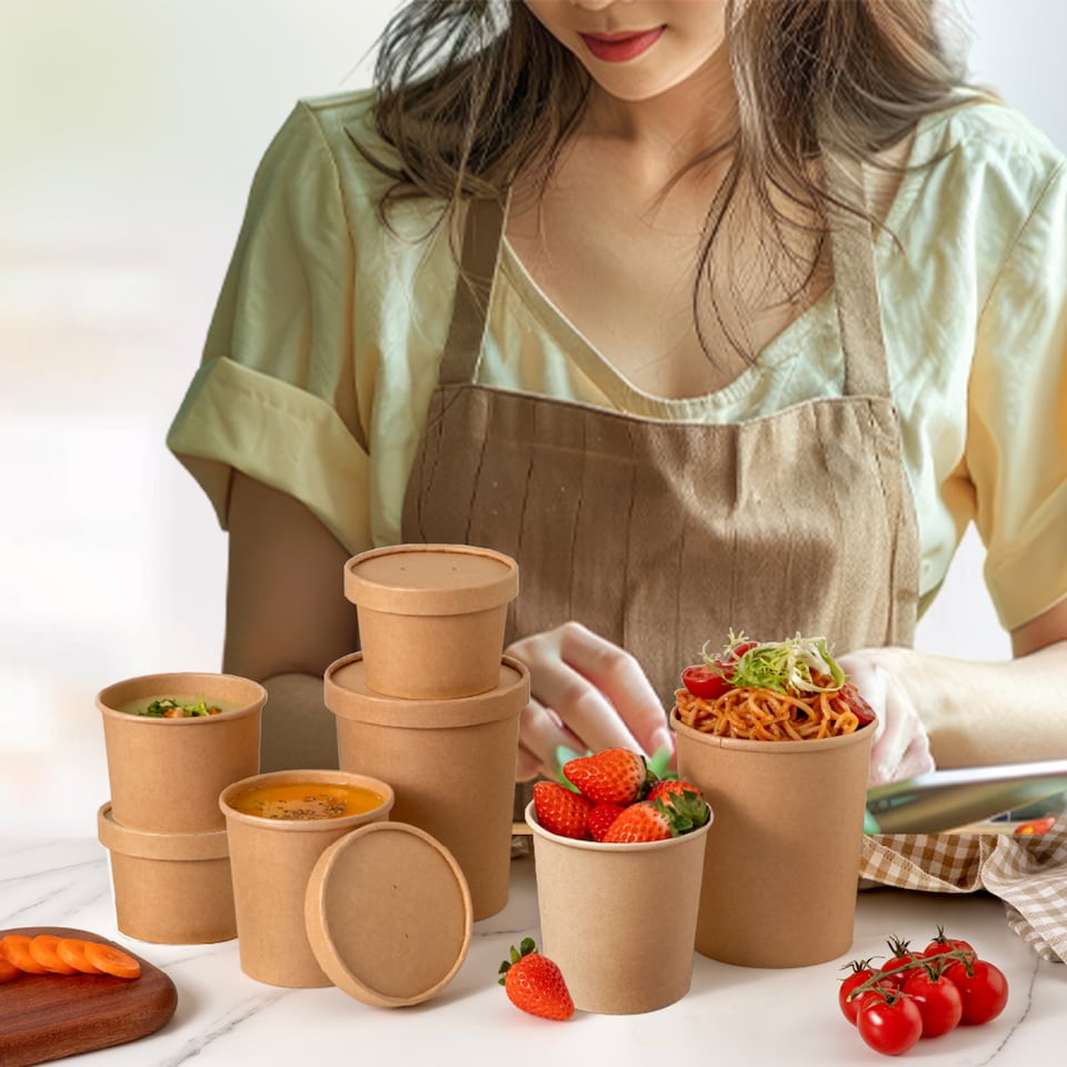 image 1 of ECONX 32oz Kraft Disposable Paper Soup Cups Food Containers with Lids Takeaway Tubs 100pc