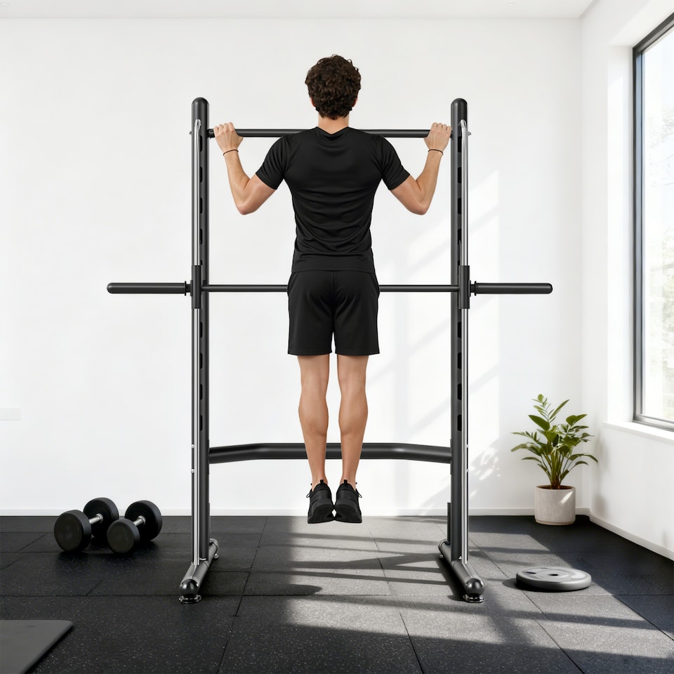 image 1 of HOMCOM Adjustable Squat Rack with Pull Up Bar and Barbell Bar for Home Gym