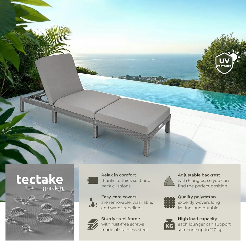 image 1 of Sun Lounger Sofia - 6-step adjustable backrest, thick padding, UV-resistant Grey