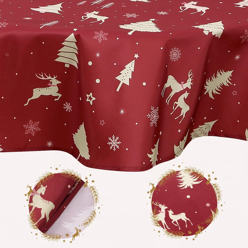 image 1 of London Boutique Round Christmas Tablecloth, Waterproof Washable, Deer Festive Print, Red‑Gold, 60 x 60 in
