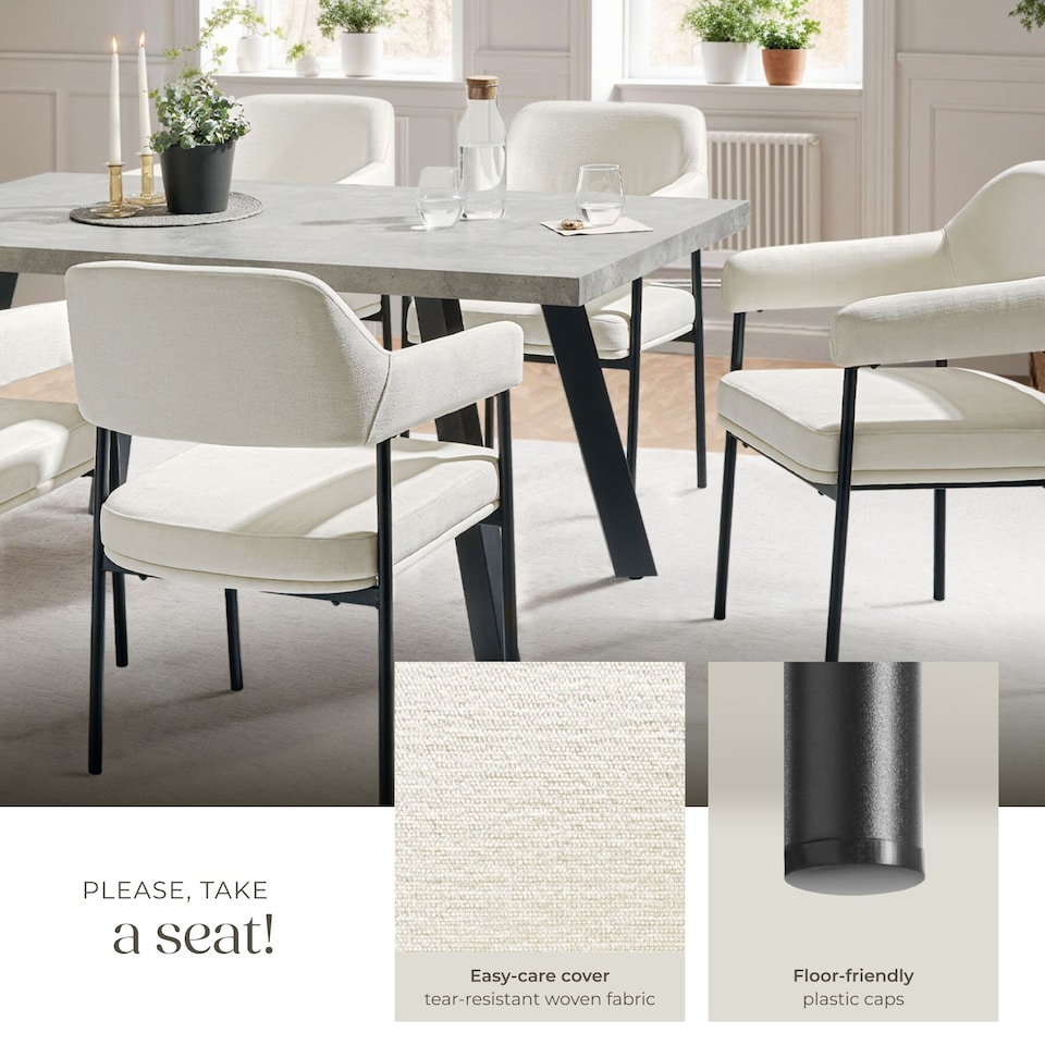 image 1 of Armchair Doe - durable fabric, black powder-coated legs, 120 kg load, 58 x 62 x 85 cm | White | Woven fabric off-white/black | 2